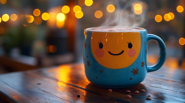 Blue Mug with Smiling Face Illustration on Wooden Table with Bokeh Lights Background