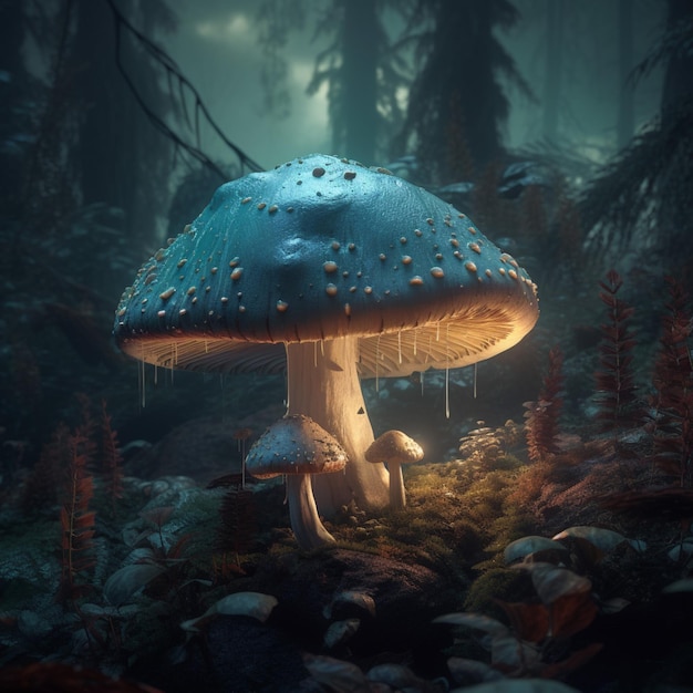 A blue mushroom in a dark forest with a glowing light.