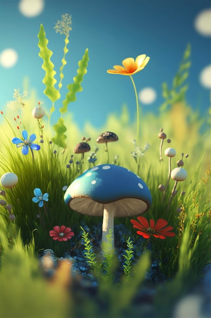 Blue mushroom sitting on top of a lush green field generative ai