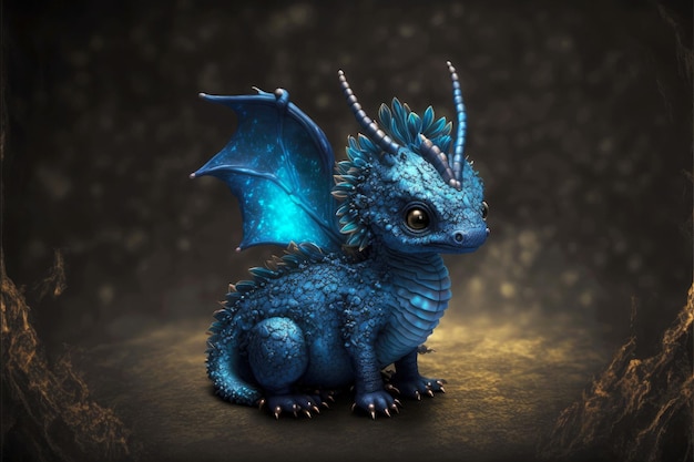 Blue mystical cute little dragon with horns on dark background generative ai