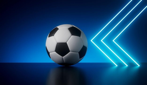 Blue neon futuristic frame with a soccer football 3D Rendering