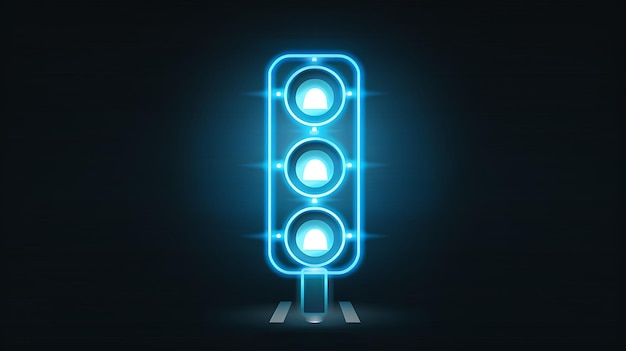 Blue neon glowing traffic light on dark background Vector illustration