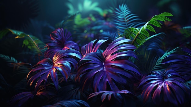 blue neon light and tropical leaves background