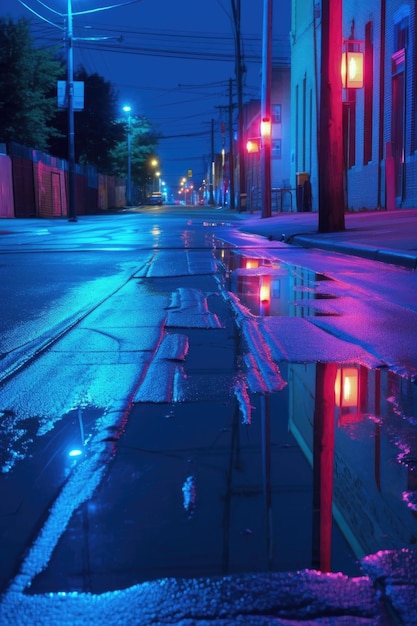 Blue neon lights reflecting on wet pavement created with generative ai