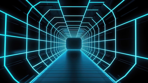 A blue neon lit futuristic light effect tunnel Generative AI