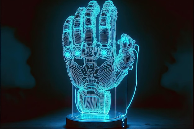 Blue neon robot mechanical arm or hand with 5 fingers in laboratory The Future of robots and robotics AI Artificial Intelligence and Machine Learning AI generative