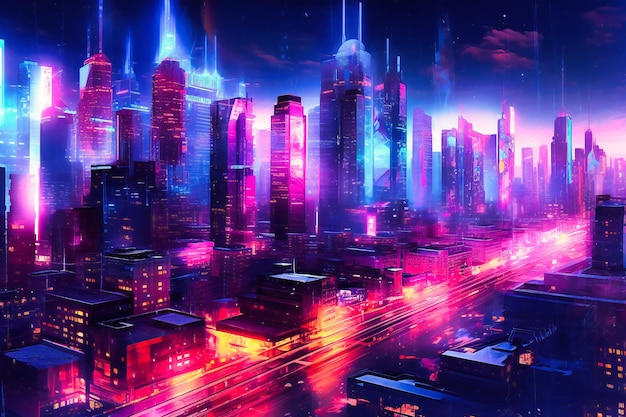 A blue neon skyline with pink neon lights