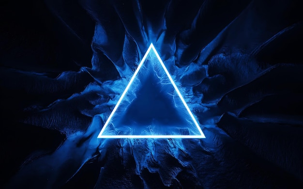 Blue neon triangle glowing brightly against a dark textured background