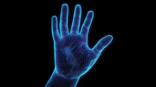 Photo a blue neon wireframe silhouette of a hand on black background