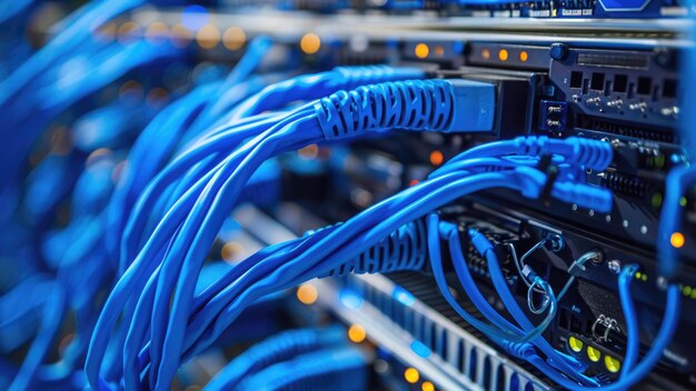 Photo blue network cables connected to a server in a data center