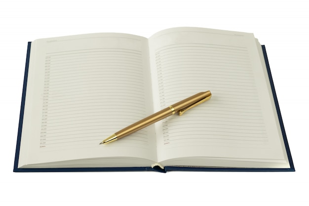 Blue notebook with a gold pen isolated on white background.