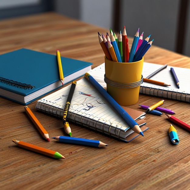 a blue notebook with a pencil and a yellow cup of pencils on a table