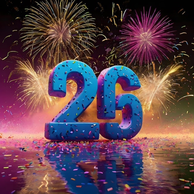 a blue number 25 is surrounded by fireworks