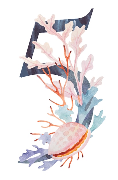 Blue number 5 decorated with watercolor seaweeds corals and seashells illustration