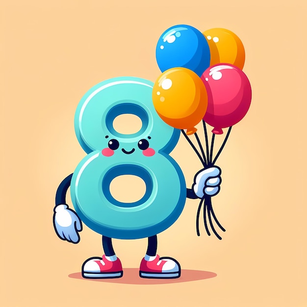 A blue number 8 with balloons