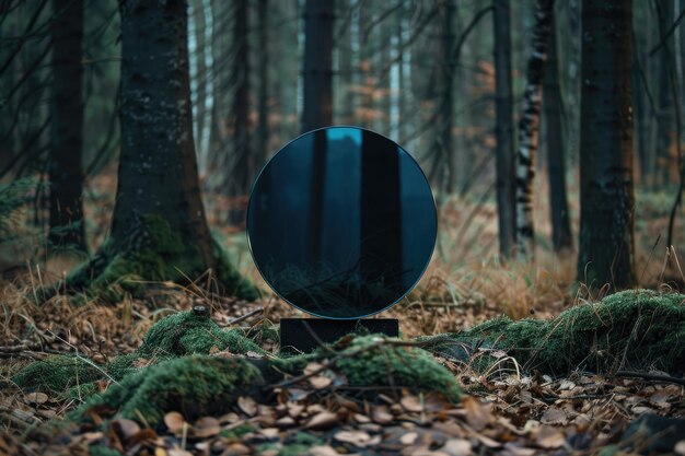 Photo a blue object with a black object in the middle of a forest