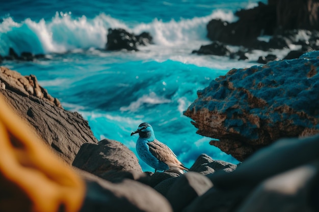 Blue ocean waves crashes into stone rocks and lonely bird Generative AI