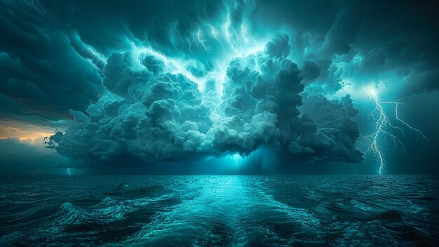 a blue ocean with a blue light shining through the clouds