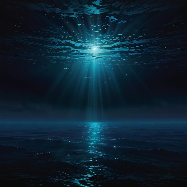 a blue ocean with a light shining on it