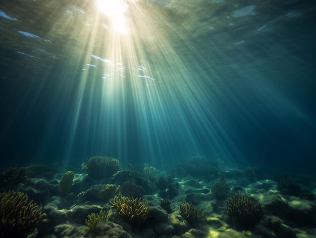 A blue ocean with the sun shining through the water