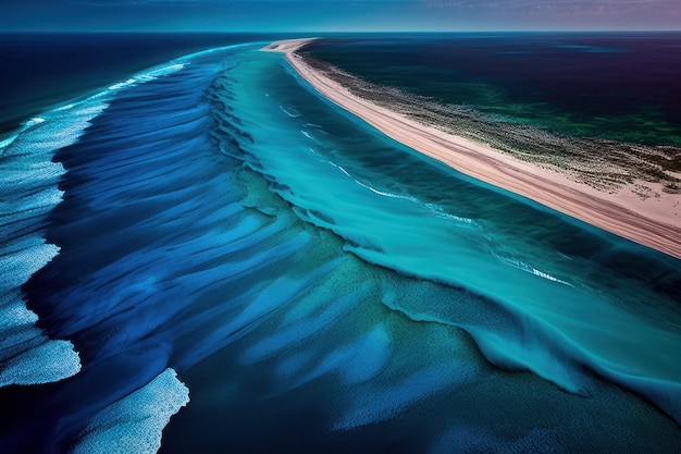 A blue ocean with a white sand beach and a small island in the middle.