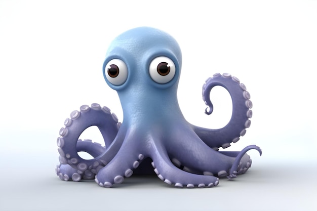 A blue octopus with big eyes and a little nose.