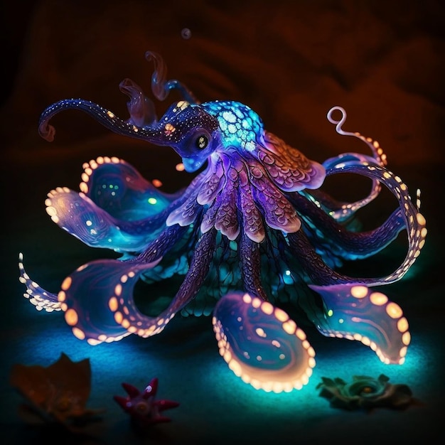 A blue octopus with glowing eyes sits on a blue surface.