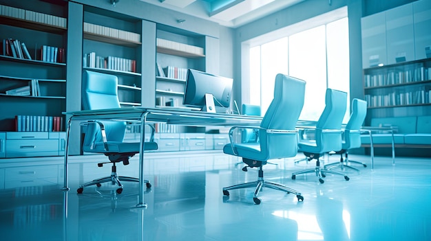 A blue office with a large window and a desk with a computer on it.