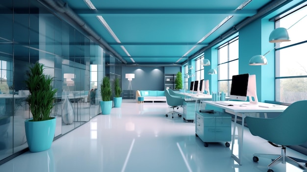 A blue office with a white floor and a blue desk with a plant in the middle.