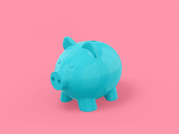 Blue one color piggy bank on pink flat background. Minimalistic design object. 3d rendering icon ui ux interface element.