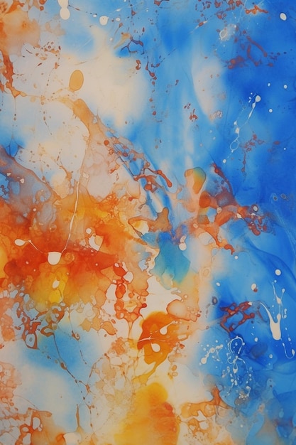 A blue and orange abstract painting with a blue background and orange and blue paint.