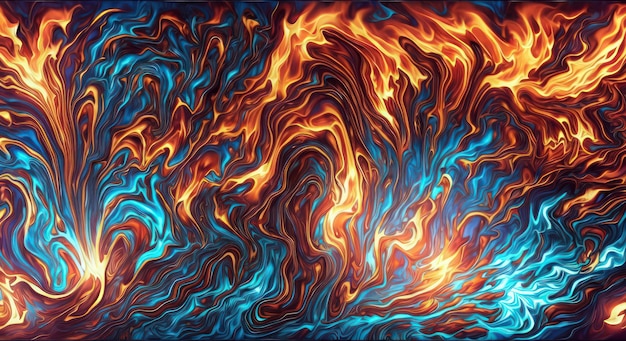 A blue and orange background with a blue fire design.