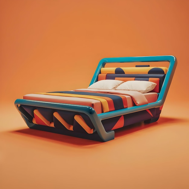 a blue and orange bed frame with a striped pattern on it