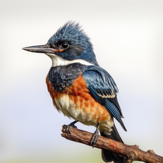 a blue and orange bird is sitting on a branch.