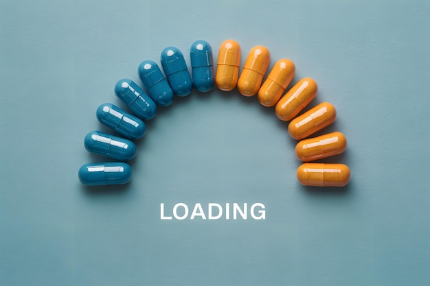 Photo blue and orange capsules in semi circle loading text at bottom