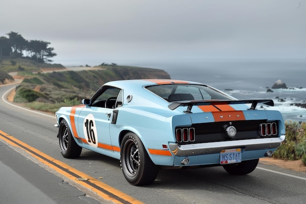 a blue and orange car with the number 11 on the license plate