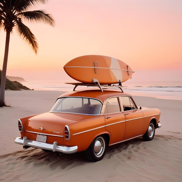 Photo a blue and orange car with a surfboard on top of it