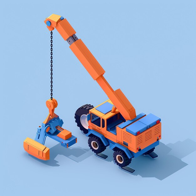 a blue and orange crane is holding a block of orange bricks