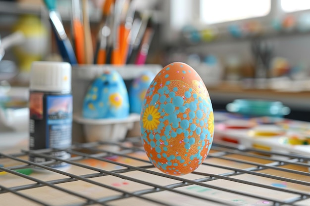 A blue and orange egg sits on a wire rack next to a tray of paint