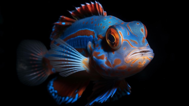 A blue and orange fish with a black background