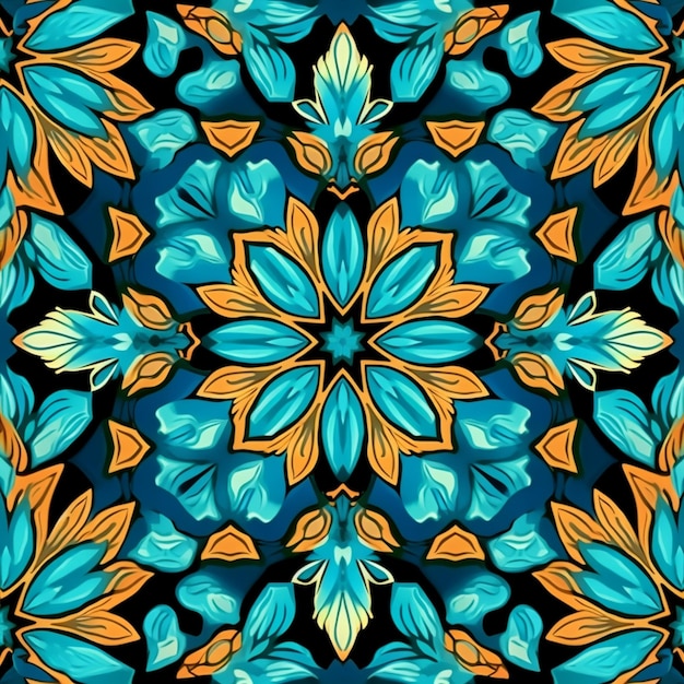 a blue and orange floral pattern on a black background generative ai