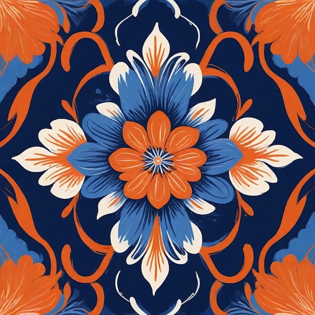 a blue and orange floral pattern with a large flower