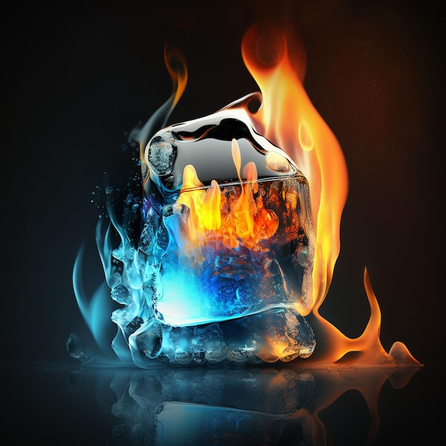 A blue and orange ice cube is next to a glass of ice and fire.