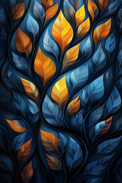 Blue and Orange Leaves Painting