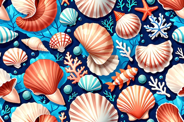 a blue and orange pattern with sea shells and corals