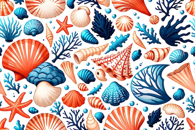 a blue and orange pattern with sea shells and starfish