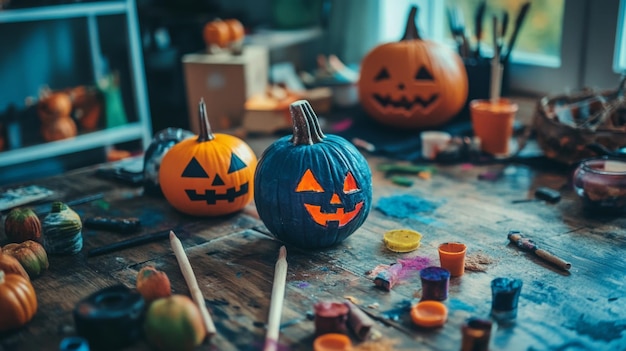 Photo a blue and orange pumpkin sits on a table with paint supplies