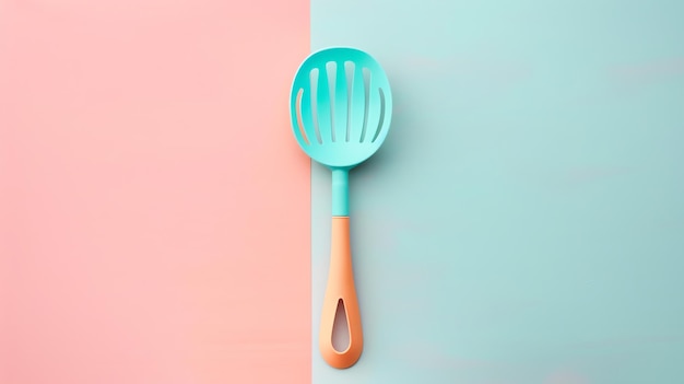 Photo a blue and orange slotted spoon on a pink and blue background