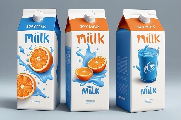 blue and orange soy milk mock up vector realistic milk box product 3d Label designs