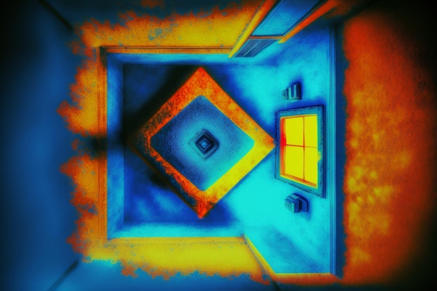 A blue and orange spiral staircase with a window in the middle.